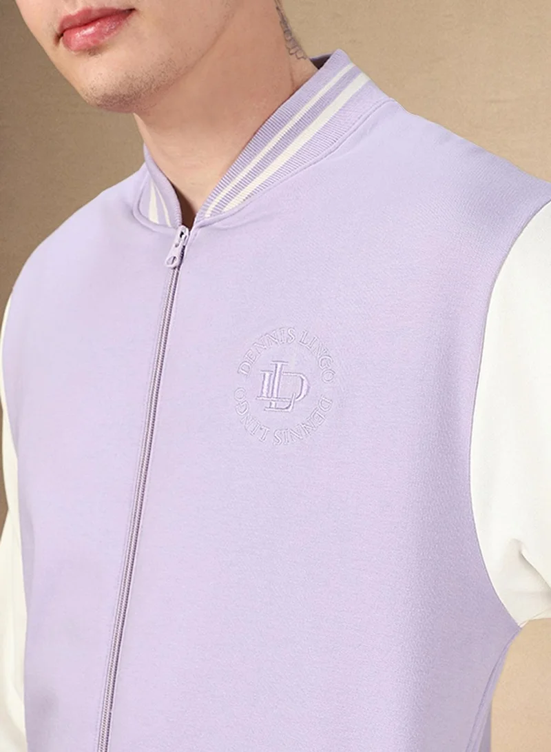 Dennis Lingo Men's Lavender Polyester Blend Colour Blocked Regular Fit Sweatshirt
