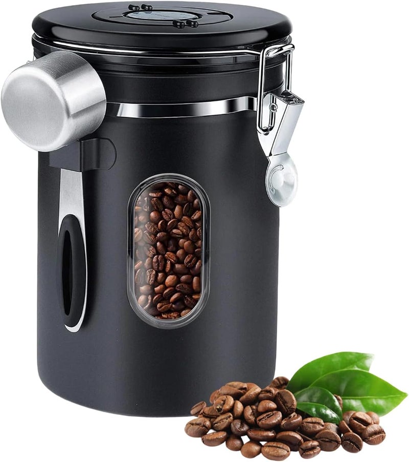 Helweet Coffee Canister, Coffee Bean Storage, Bean Container, 2.8L, Airtight Container, Cafe Grain Box with Measuring Scoop, Date Tracker, Transparent Window, for The Preservation of Beans, Tea, Grains, etc - Image 1