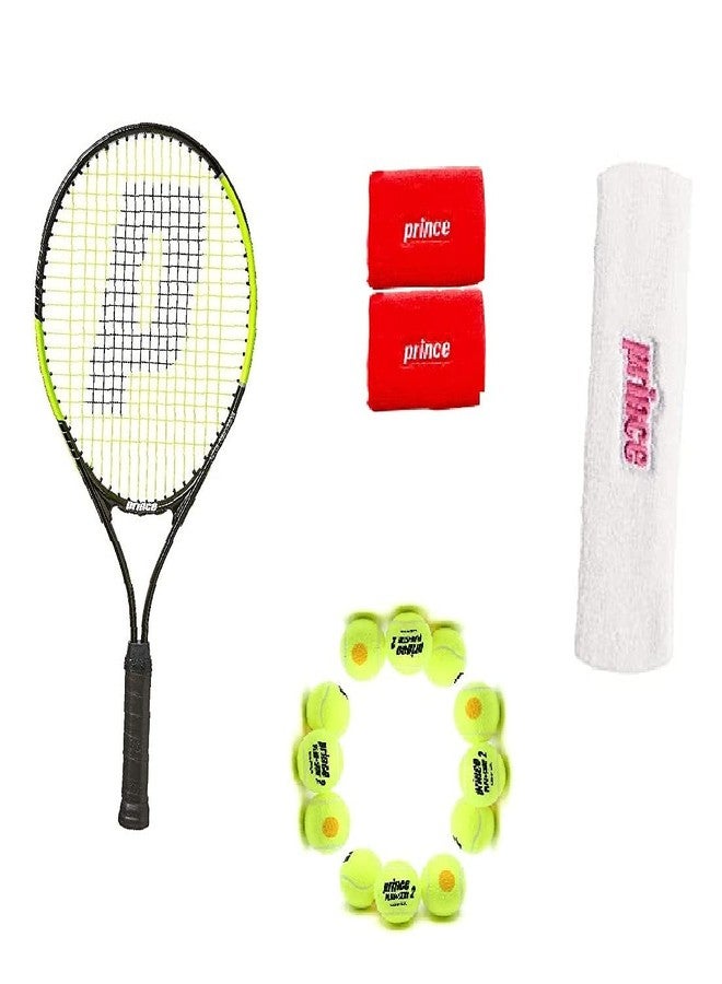 برنس مضرب تنس برينس ثاندر 26، وكرة تنس برينس ستيج 2 برتقالية قياسية (12 كرة) مع سوار معصم أحمر/أبيض وعصابة رأس وردية/بيضاء - Image 2