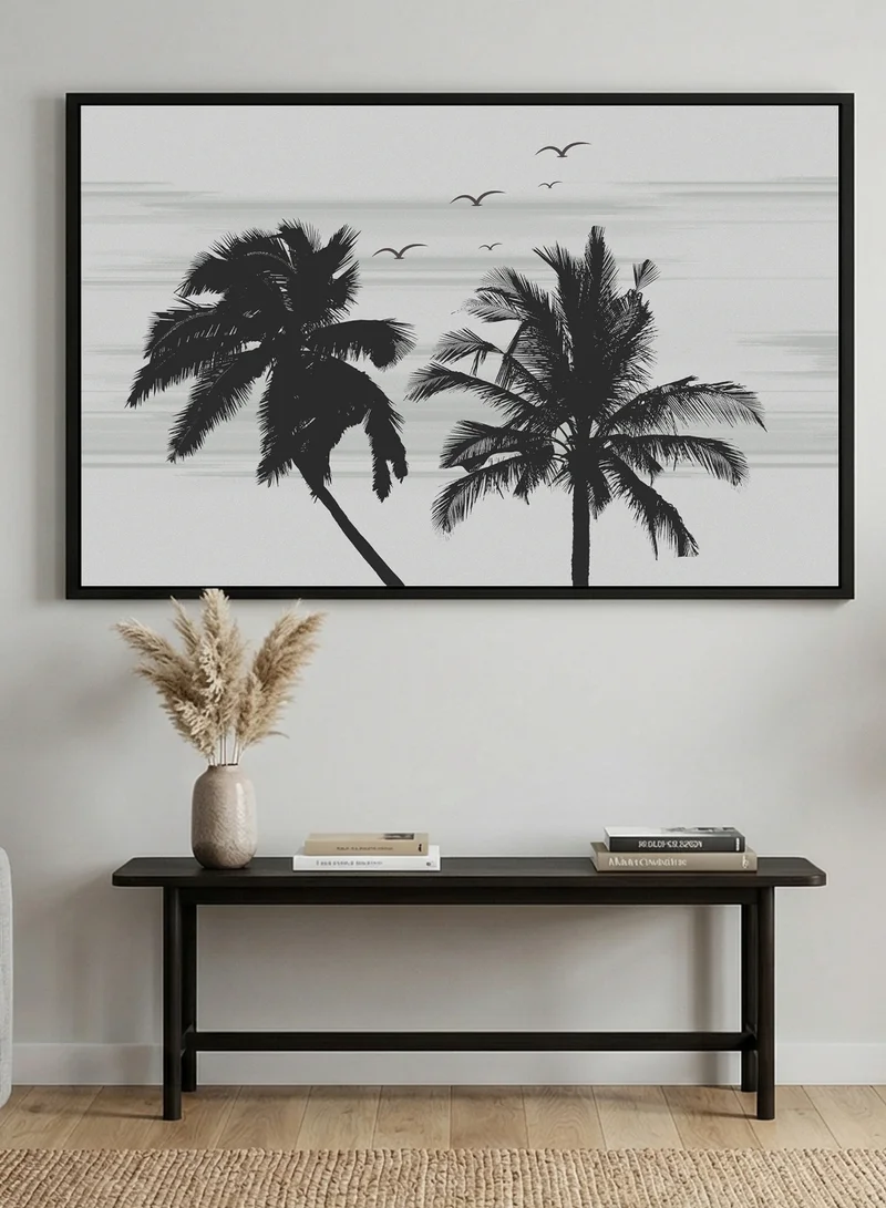 LOWHA Canvas Wall Art Stretched Over Wooden Frame with Black Floating Frame and Palms and Birds Design
