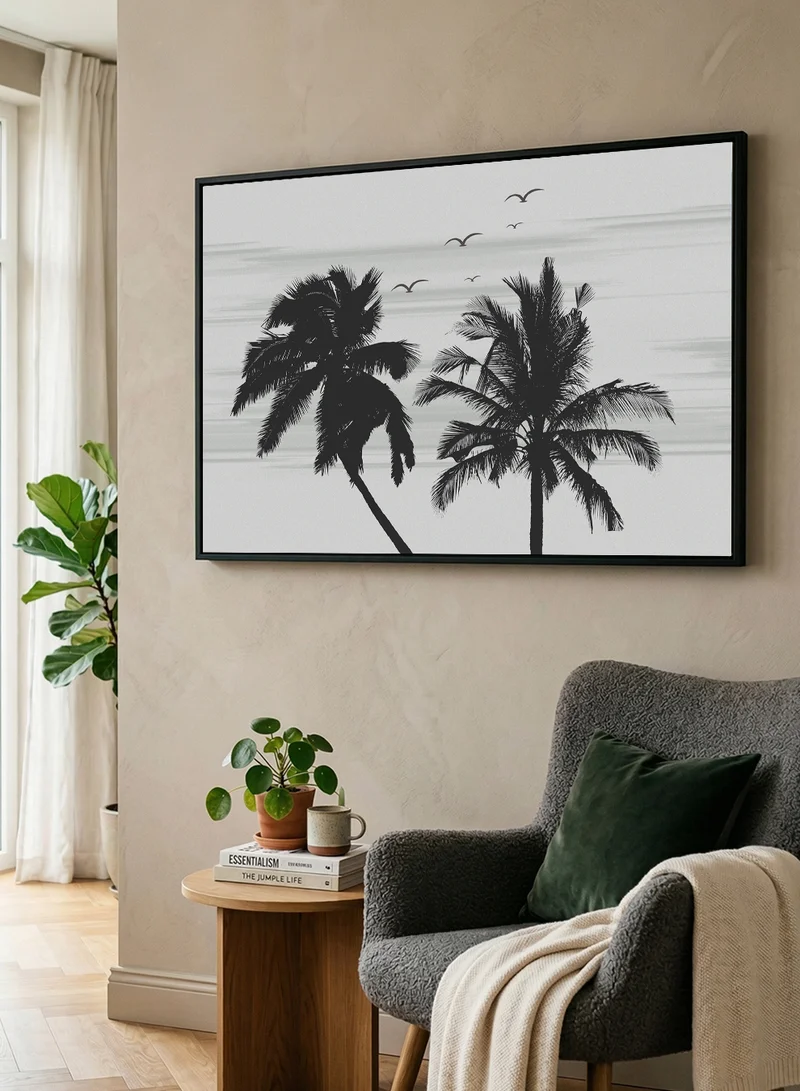 LOWHA Canvas Wall Art Stretched Over Wooden Frame with Black Floating Frame and Palms and Birds Design