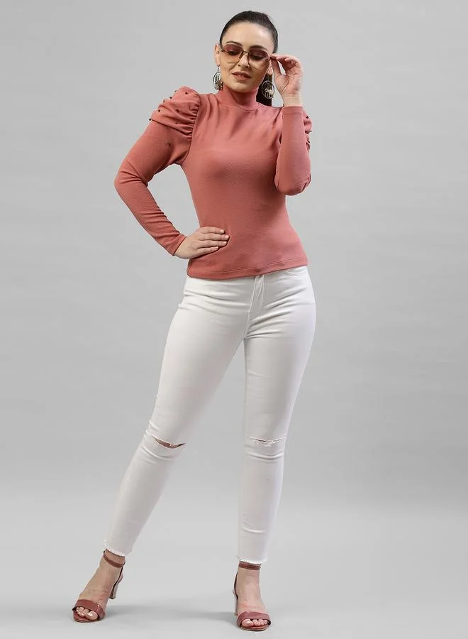 Kassually Kassually Women Solid Power Shoulder Fitted Top with Faux Pearl Detail