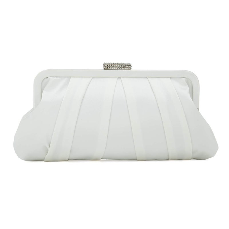 CHARMING TAILOR Classic Pleated Satin Clutch Bag Diamante Embellished Formal Handbag for Wedding/Prom/Black-Tie Events (Ivory) - Image 1