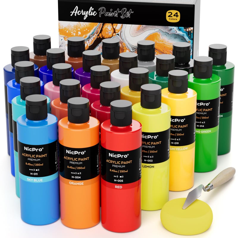 Nicpro 24 Colors Large Bulk Acrylic Paint Set 845 oz250 ml Rich Pigments Non Toxic Bulk Painting Supplies for Artist Beginners on Canvas Wood Rock Glass Ceramic Crafts with Color Wheel