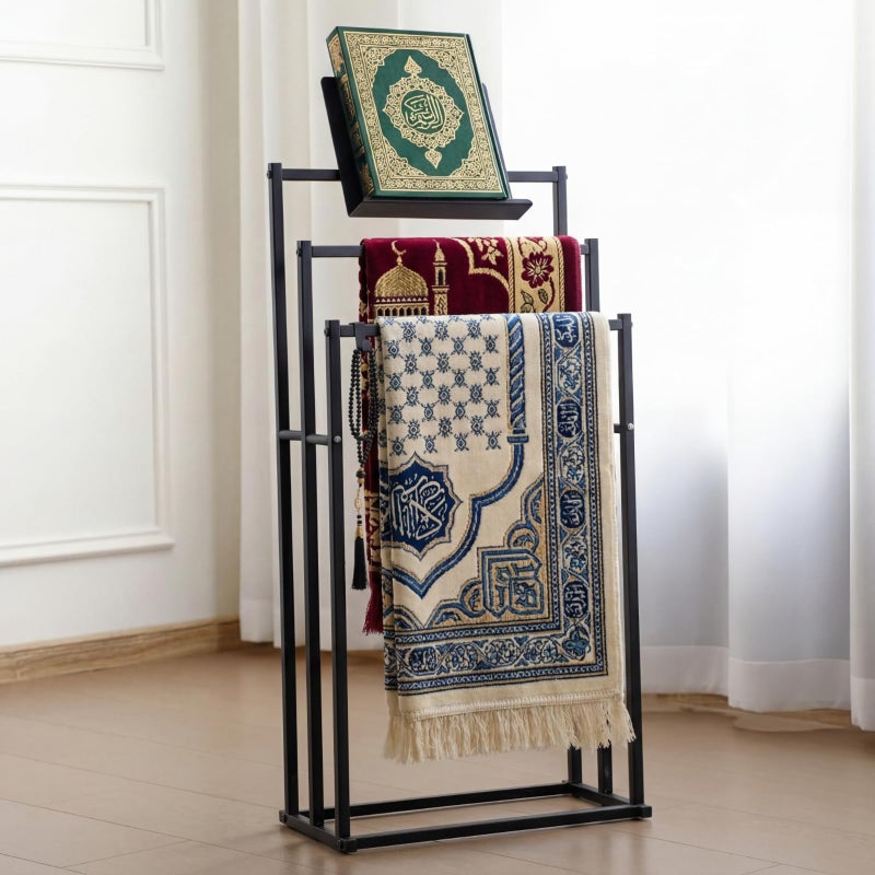 Novabright 34 in Islamic Quran and Prayer Stand Holder Muslim Metal Prayer Quran Mat Rug Holder 3 Tier Stepped Modern Islamic Decorative Rug Organizer Eid Al-adha Gift Standing Towel Rack Bathroom - Image 1