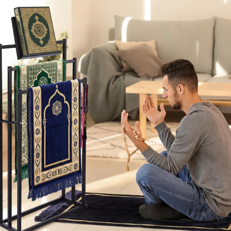 Novabright 34 in Islamic Quran and Prayer Stand Holder Muslim Metal Prayer Quran Mat Rug Holder 3 Tier Stepped Modern Islamic Decorative Rug Organizer Eid Al-adha Gift Standing Towel Rack Bathroom - Image 2