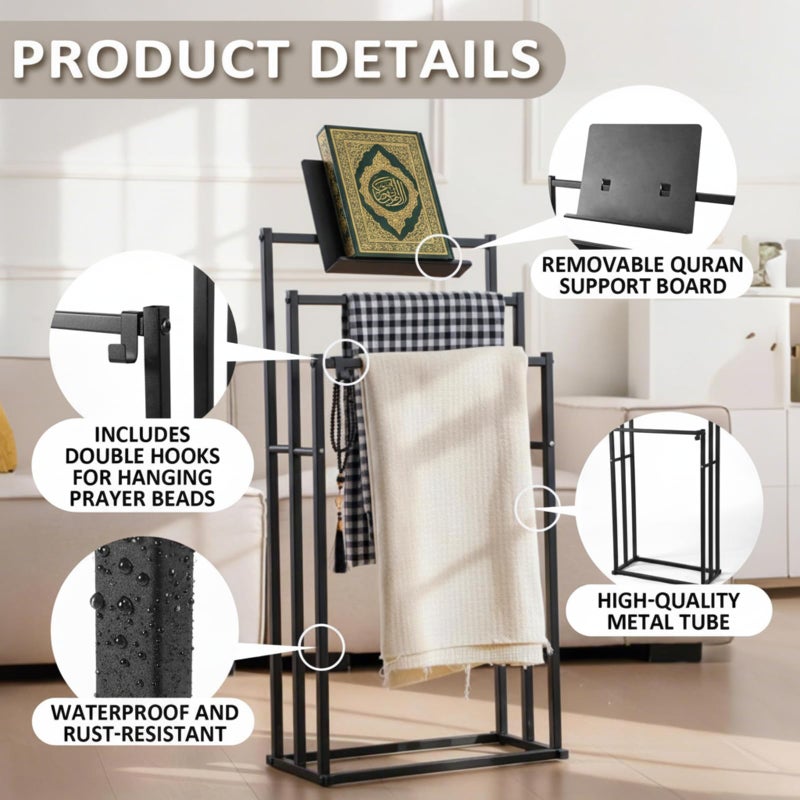 Novabright 34 in Islamic Quran and Prayer Stand Holder Muslim Metal Prayer Quran Mat Rug Holder 3 Tier Stepped Modern Islamic Decorative Rug Organizer Eid Al-adha Gift Standing Towel Rack Bathroom - Image 4
