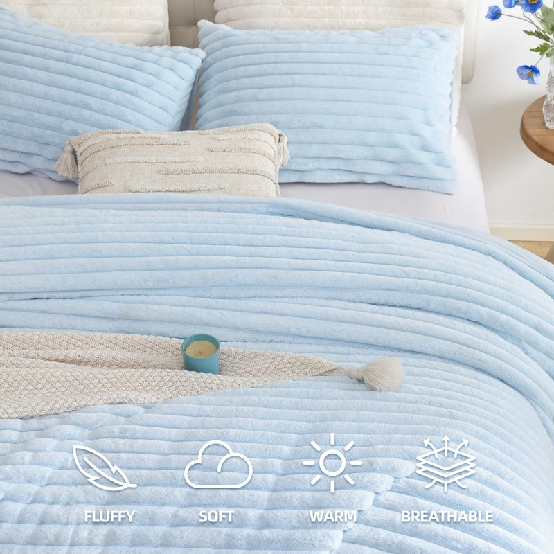 Smoofy Fluffy Queen Size Comforter Set 3 Pieces - Light Blue Fleece Fluffy Comforter Set, Luxury Fuzzy Queen Bedding Set, Soft Warm Bed Set All Season, Heavy Faux Fur Comforter with 2 Pillow Cases - Image 2