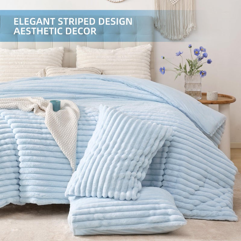 Smoofy Fluffy Queen Size Comforter Set 3 Pieces - Light Blue Fleece Fluffy Comforter Set, Luxury Fuzzy Queen Bedding Set, Soft Warm Bed Set All Season, Heavy Faux Fur Comforter with 2 Pillow Cases - Image 3