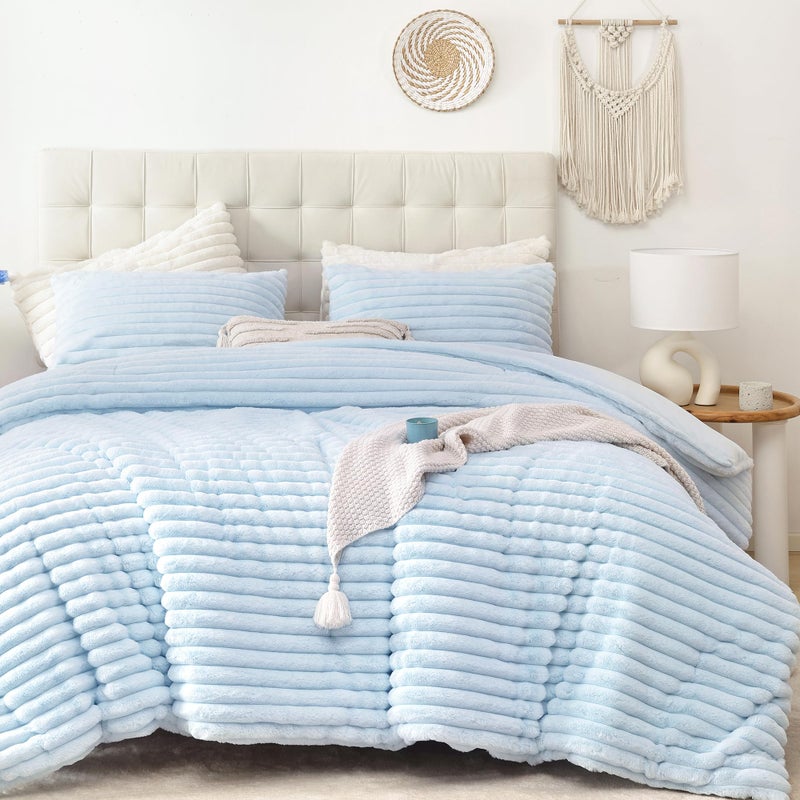 Smoofy Fluffy Queen Size Comforter Set 3 Pieces - Light Blue Fleece Fluffy Comforter Set, Luxury Fuzzy Queen Bedding Set, Soft Warm Bed Set All Season, Heavy Faux Fur Comforter with 2 Pillow Cases - Image 1