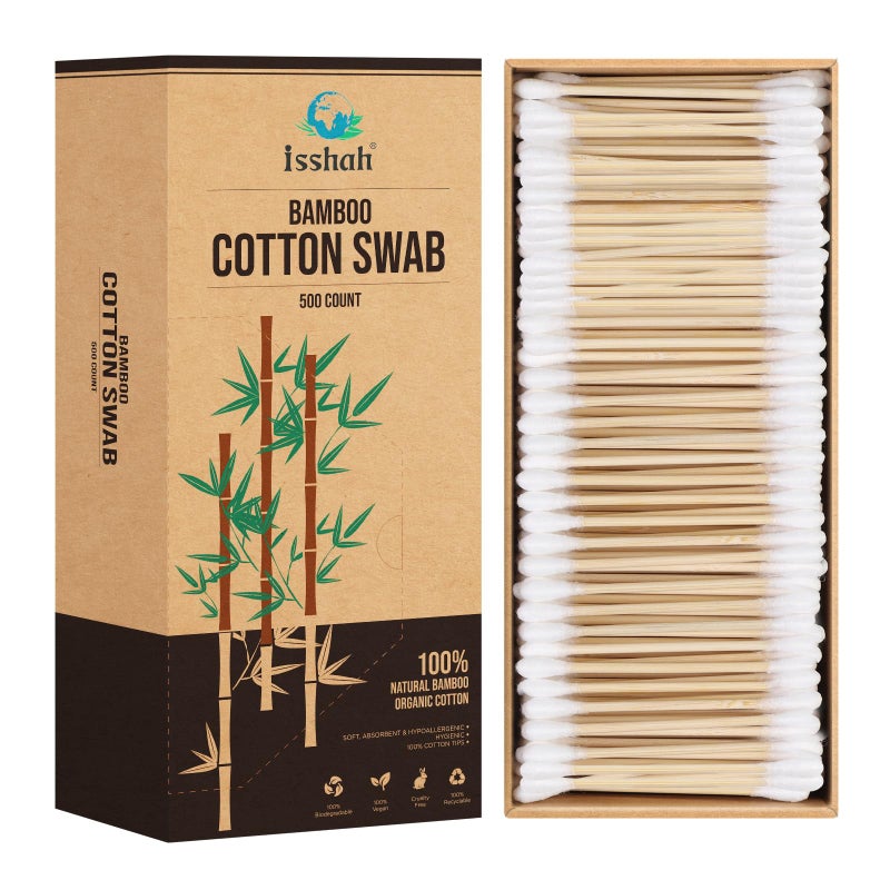 Isshah Bamboo Cotton Swabs  500 Count  FSC Certified and PETA Approved Eco Friendly Double Tips Plastic Free Ear Sticks All Natural 100 Biodegradable Organic Cotton buds by Isshah