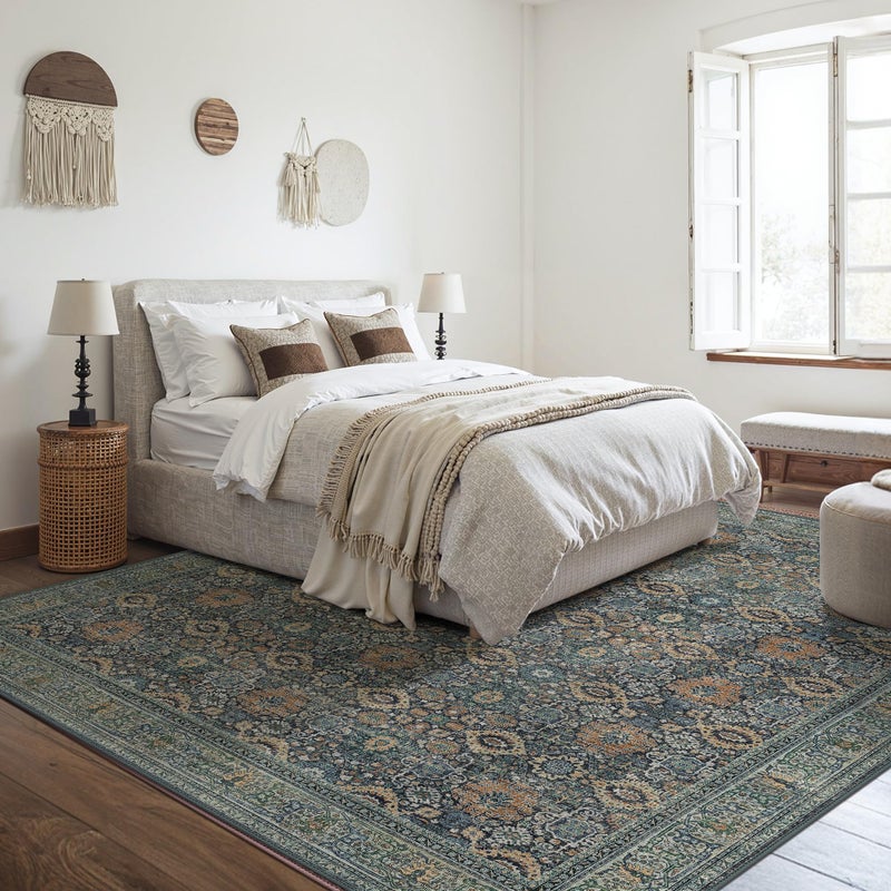 BESBLEE 8X10 Area Rugs Machine Washable Rugs for Living Room, Vintage Boho Large Rugs for Bedroom Dining Room, Non Slip Indoor Soft Distressed Lightweight Thin Low Pile Carpet, Beige Blue Grey - Image 3