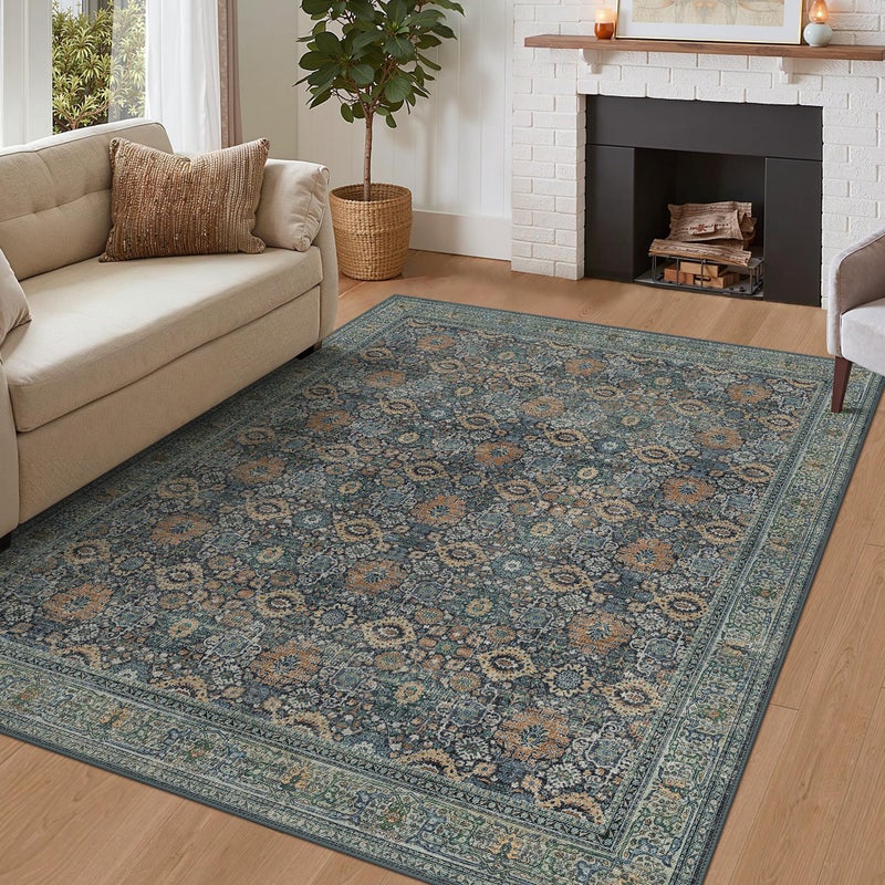 BESBLEE 8X10 Area Rugs Machine Washable Rugs for Living Room, Vintage Boho Large Rugs for Bedroom Dining Room, Non Slip Indoor Soft Distressed Lightweight Thin Low Pile Carpet, Beige Blue Grey - Image 2