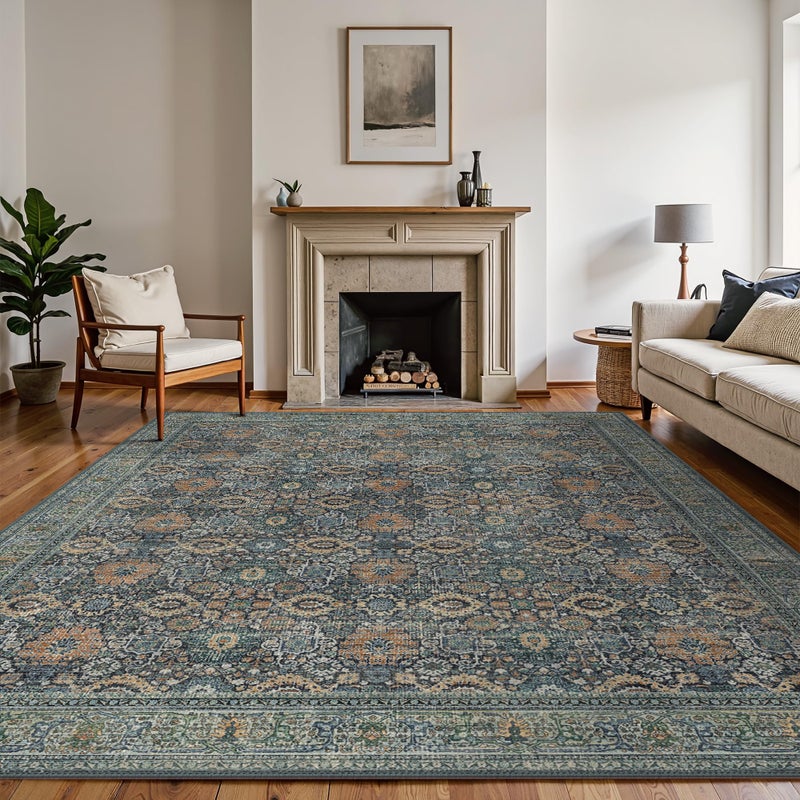 BESBLEE 8X10 Area Rugs Machine Washable Rugs for Living Room, Vintage Boho Large Rugs for Bedroom Dining Room, Non Slip Indoor Soft Distressed Lightweight Thin Low Pile Carpet, Beige Blue Grey - Image 1