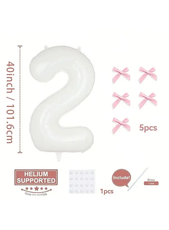 2pcs 40 Inch Pink Bow Decorated White Number Balloons 16th Birthday Foil Numbers For Party Anniversary Wedding Proposal Christmas New Year Decoration - Image 2