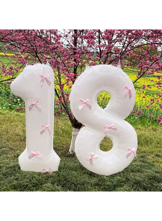 2pcs 40 Inch Pink Bow Decorated White Number Balloons 16th Birthday Foil Numbers For Party Anniversary Wedding Proposal Christmas New Year Decoration - Image 4