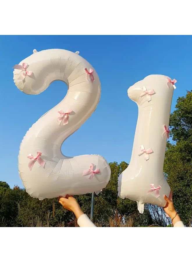 2pcs 40 Inch Pink Bow Decorated White Number Balloons 16th Birthday Foil Numbers For Party Anniversary Wedding Proposal Christmas New Year Decoration - Image 1
