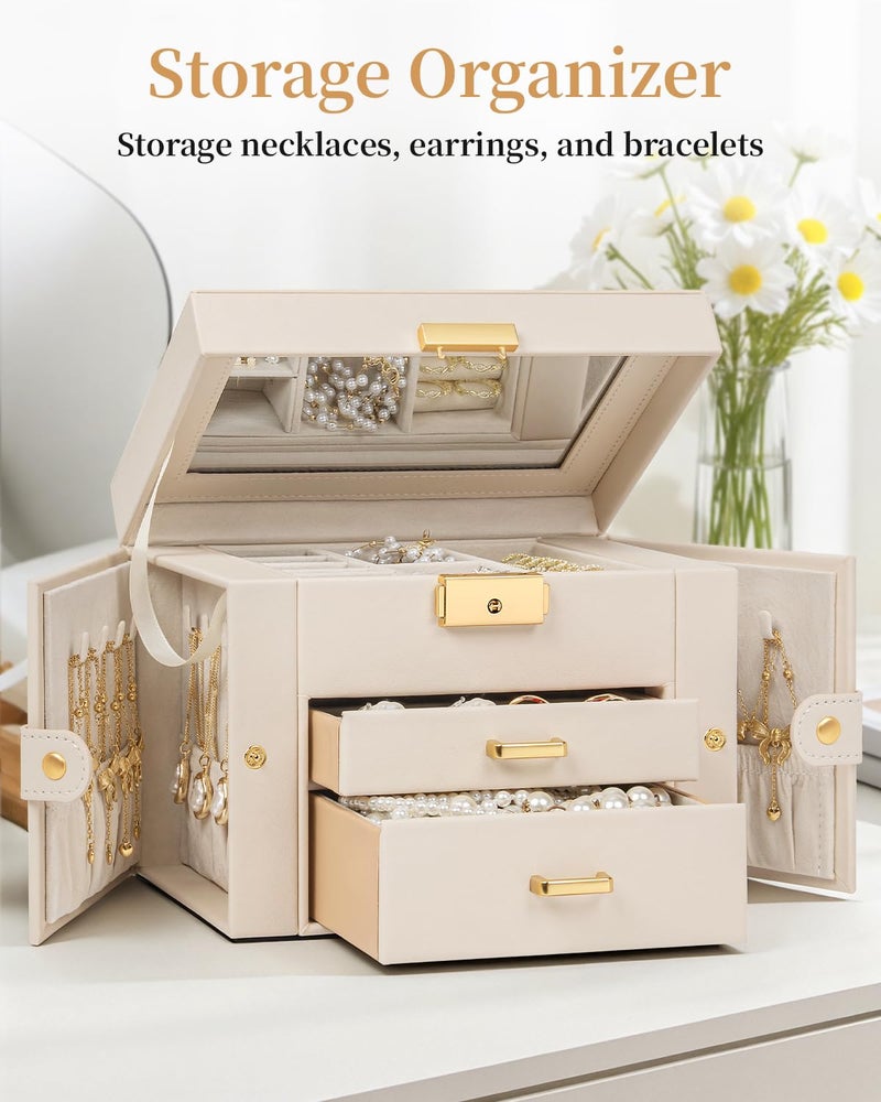 TORIBIO Jewelry Box for Women, Leather Jewelry Organizer with Mirror & Lock, 3-Tier Jewelry Storage Organizer with 2 Drawers for Girls/Women/Mothers, Necklace Earring Bracelets Holder Organizer - Image 3