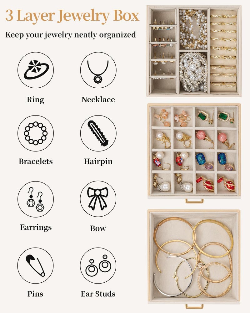 TORIBIO Jewelry Box for Women, Leather Jewelry Organizer with Mirror & Lock, 3-Tier Jewelry Storage Organizer with 2 Drawers for Girls/Women/Mothers, Necklace Earring Bracelets Holder Organizer - Image 4