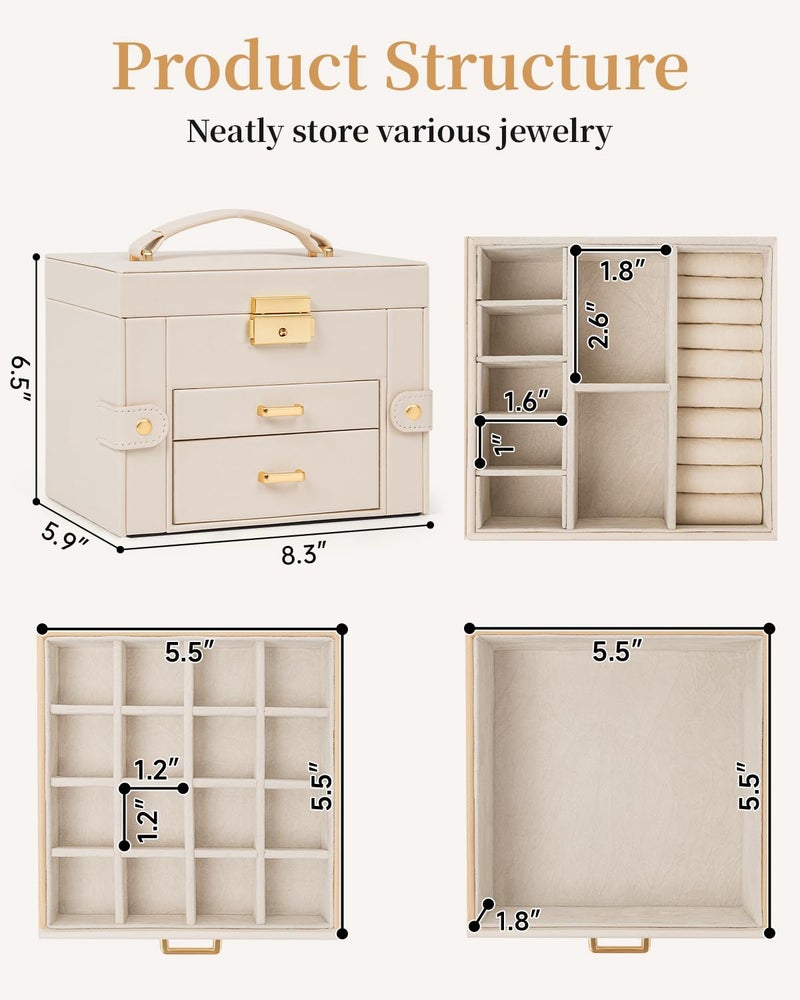 TORIBIO Jewelry Box for Women, Leather Jewelry Organizer with Mirror & Lock, 3-Tier Jewelry Storage Organizer with 2 Drawers for Girls/Women/Mothers, Necklace Earring Bracelets Holder Organizer - Image 2