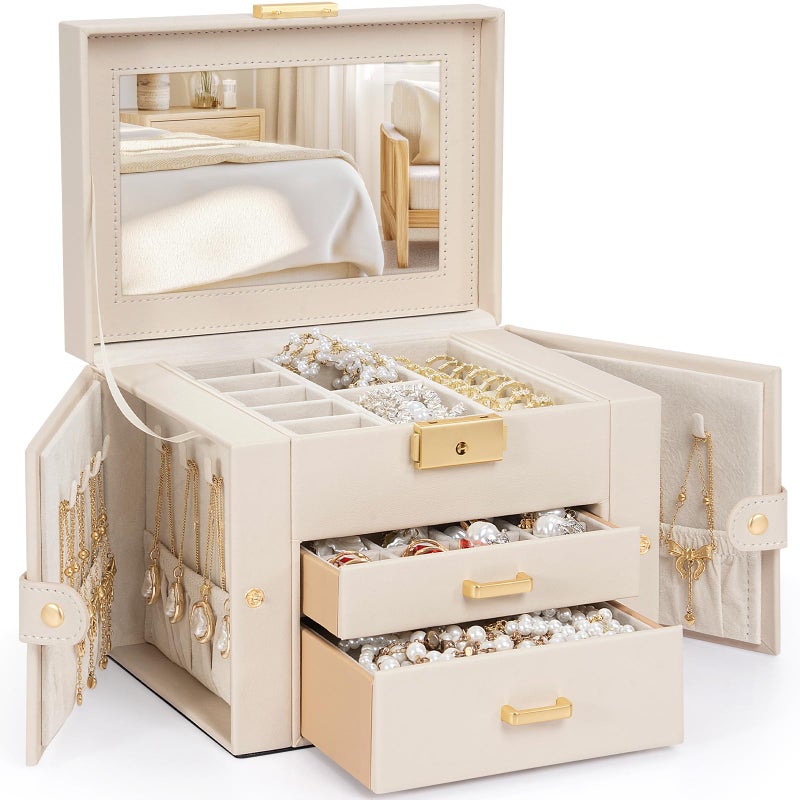 TORIBIO Jewelry Box for Women, Leather Jewelry Organizer with Mirror & Lock, 3-Tier Jewelry Storage Organizer with 2 Drawers for Girls/Women/Mothers, Necklace Earring Bracelets Holder Organizer - Image 1