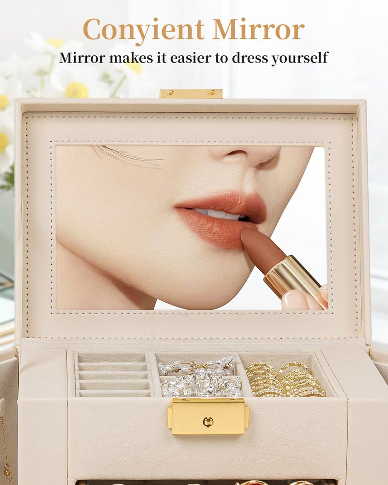 TORIBIO Jewelry Box for Women, Leather Jewelry Organizer with Mirror & Lock, 3-Tier Jewelry Storage Organizer with 2 Drawers for Girls/Women/Mothers, Necklace Earring Bracelets Holder Organizer - Image 5