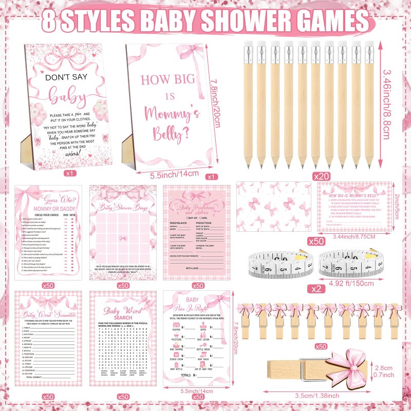 Funnymoom 426 Pcs Pink Bow Baby Shower Games Set-8 Games, Includes Baby Shower Bingo, Price is Right, Guess Who, Word Scramble, Prediction and Advice, How Big is Mommy's Belly, Don't Say The Words - Image 3