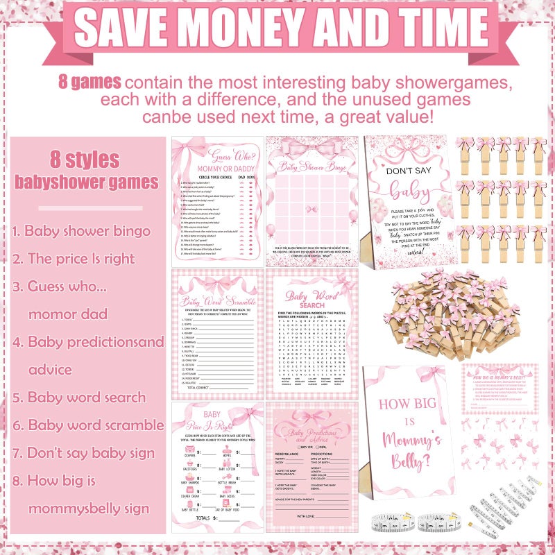 Funnymoom 426 Pcs Pink Bow Baby Shower Games Set-8 Games, Includes Baby Shower Bingo, Price is Right, Guess Who, Word Scramble, Prediction and Advice, How Big is Mommy's Belly, Don't Say The Words - Image 4