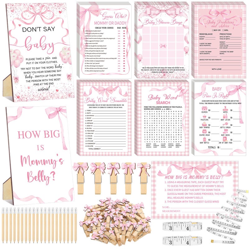 Funnymoom 426 Pcs Pink Bow Baby Shower Games Set-8 Games, Includes Baby Shower Bingo, Price is Right, Guess Who, Word Scramble, Prediction and Advice, How Big is Mommy's Belly, Don't Say The Words - Image 1
