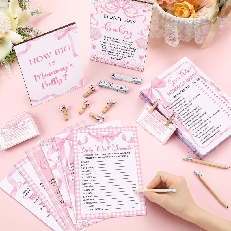 Funnymoom 426 Pcs Pink Bow Baby Shower Games Set-8 Games, Includes Baby Shower Bingo, Price is Right, Guess Who, Word Scramble, Prediction and Advice, How Big is Mommy's Belly, Don't Say The Words - Image 2