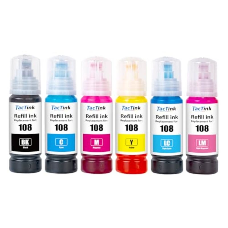 Ink Bottle for Epson 108, suitable for L8050/L18050/L8100 printers, pigment-based, black, high-capacity 6-pack - Image 1