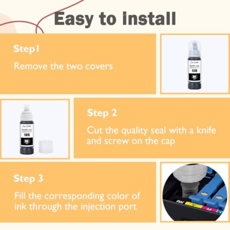 Ink Bottle for Epson 108, suitable for L8050/L18050/L8100 printers, pigment-based, black, high-capacity 6-pack - Image 4