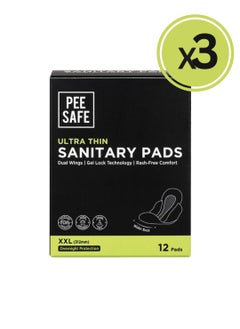 PeeSafe Ultra-Thin Sanitary Pads with Wings, Super Absorbent & Leak-Proof, Unscented, Rash and Toxin Free, Overnight Protection, Extra Long XXL – 12 pads - Pack Of 3