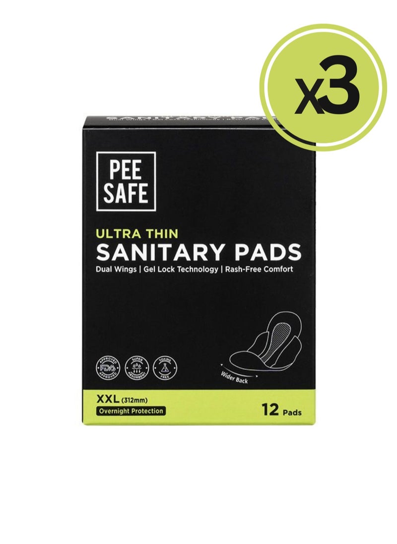 PEESAFE - PeeSafe Ultra-Thin Sanitary Pads with Wings, Super Absorbent & Leak-Proof, Unscented, Rash and Toxin Free, Overnight Protection, Extra Long XXL – 12 pads - Pack Of 3 - Image 1