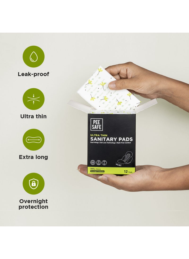 PEESAFE - PeeSafe Ultra-Thin Sanitary Pads with Wings, Super Absorbent & Leak-Proof, Unscented, Rash and Toxin Free, Overnight Protection, Extra Long XXL – 12 pads - Pack Of 3 - Image 1