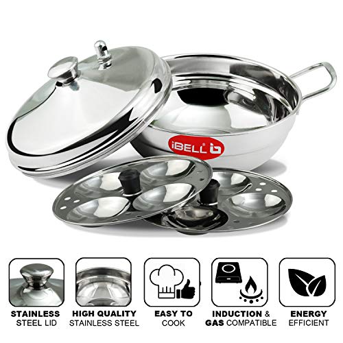 iBELL Stainless Steel Multi Purpose Kadai with 2 Idli Plate (8 Idlis) and Steel Lid, Silver - Image 4