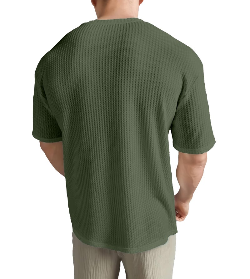 SHODOX® Men Oversized T Shirt Solid Dotted Design | Round Neck Loose Fit Drop Shoulder Casual T-Shirt for Men Olive - Image 2
