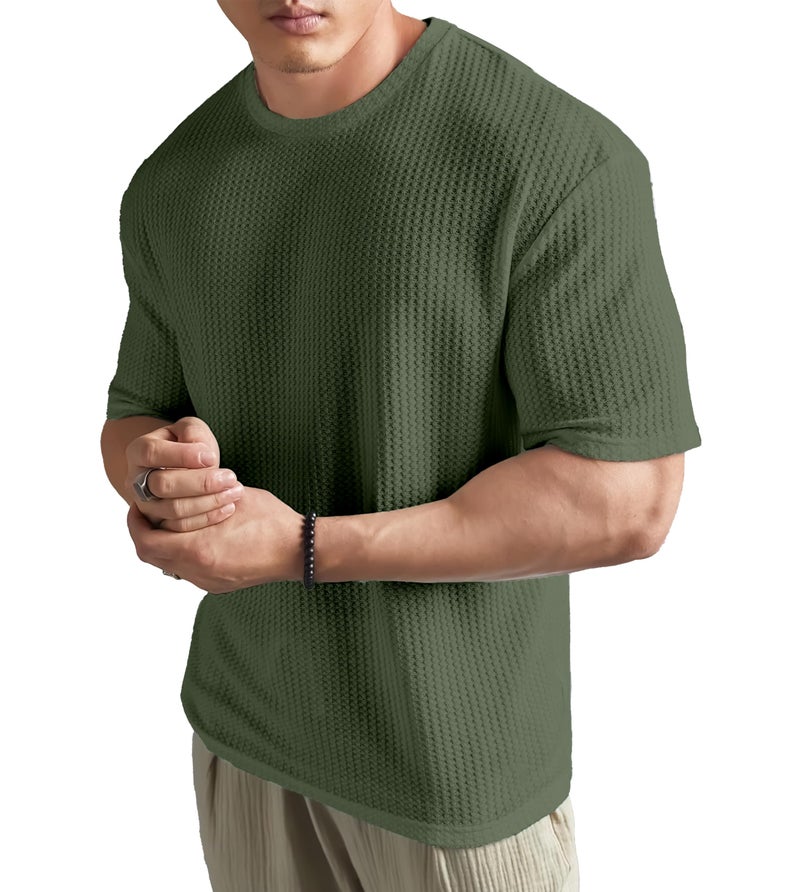 SHODOX® Men Oversized T Shirt Solid Dotted Design | Round Neck Loose Fit Drop Shoulder Casual T-Shirt for Men Olive - Image 5