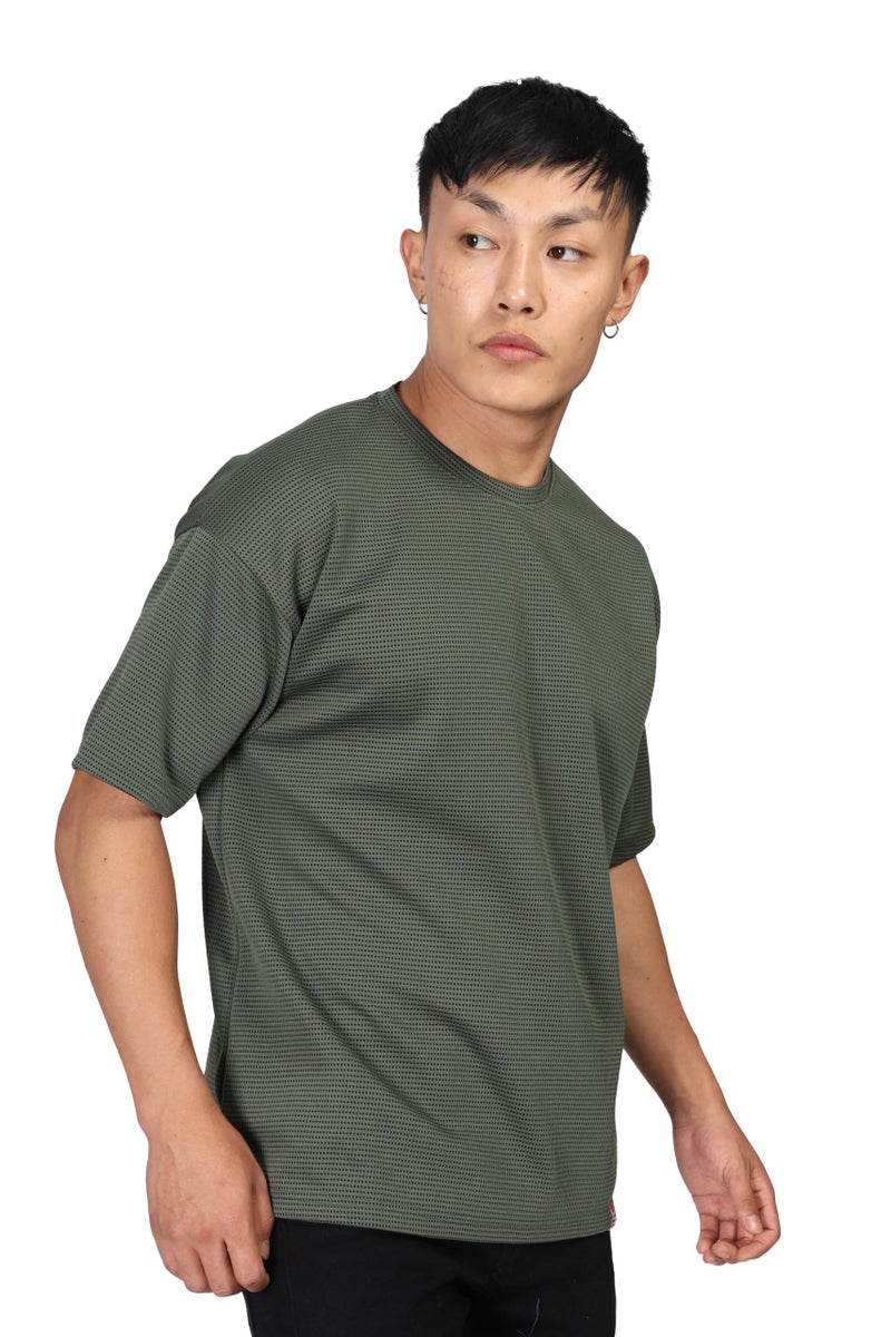 SHODOX® Men Oversized T Shirt Solid Dotted Design | Round Neck Loose Fit Drop Shoulder Casual T-Shirt for Men Olive - Image 3