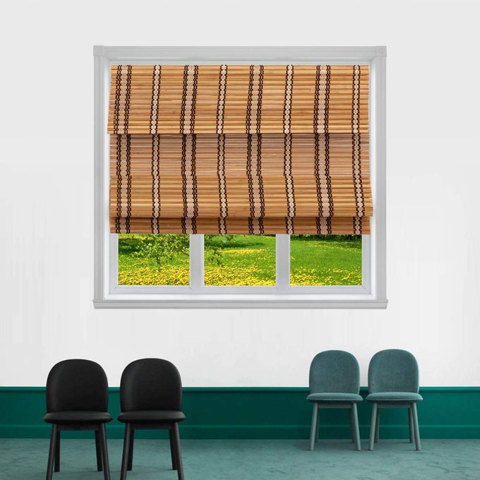 CORDLESS FLATSTICK BAMBOO ROMAN WINDOW BLIND SUN SHADE LIGHT FILTERING SHADES WITH 7INCH VALANCE NATURAL BAMBOO 40 X 64