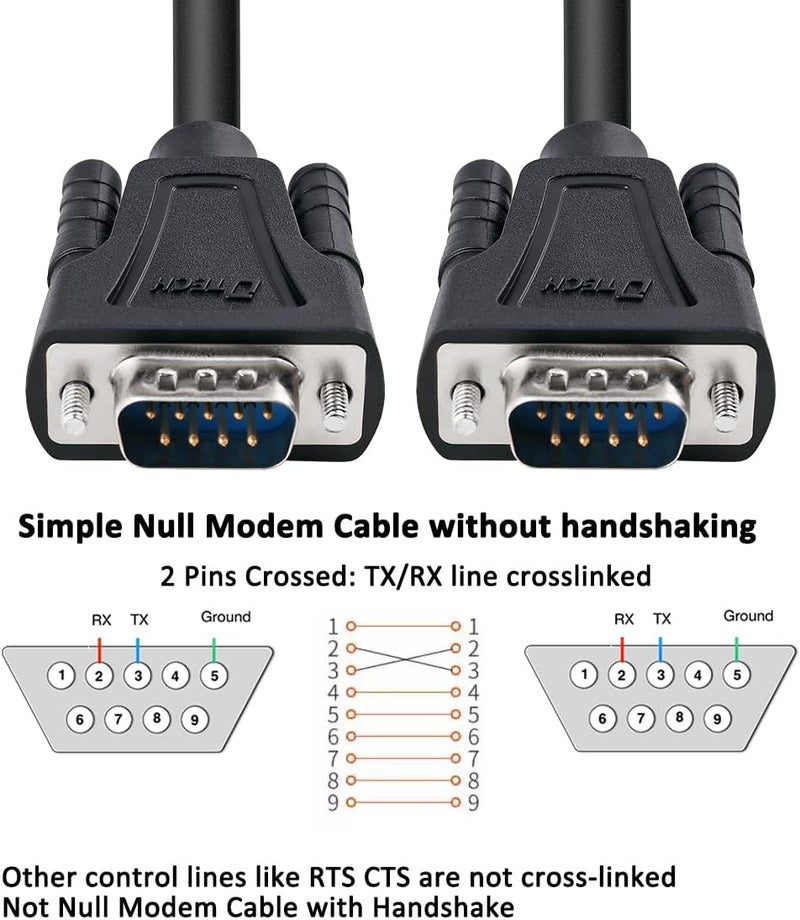 D-tech 10ft RS232 Serial Cable DB9 Null Modem Male to Male Cord Simple Cross TX RX line 2 Pin Crossed Without Handshake for Computer Data Communication (10 Feet, Black) - Image 2