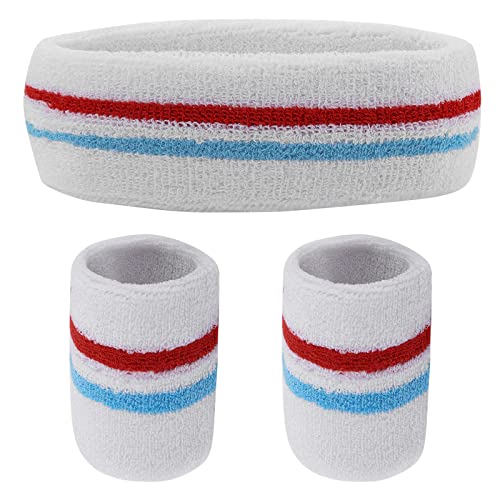 Yolev Striped Sweatband Set Sports Headband Wristband (1 Headband and 2 Wristbands) Set Sweatbands for Athletic Men and Women - Image 1