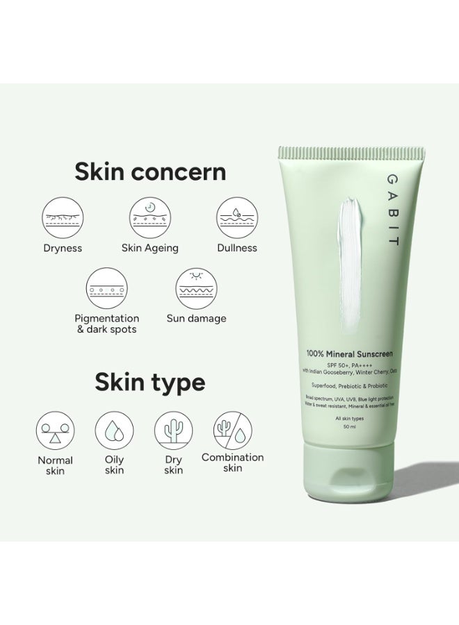 Gabit 100% Mineral Sunscreen SPF 50 PA++++ | Water & Sweat Resistant, UVA/B & Blue Light Protection | No White Cast | Vit E, Gooseberry, Winter Cherry | Normal, Oily, Dry Skin Types | Oil free |50ml - Image 2
