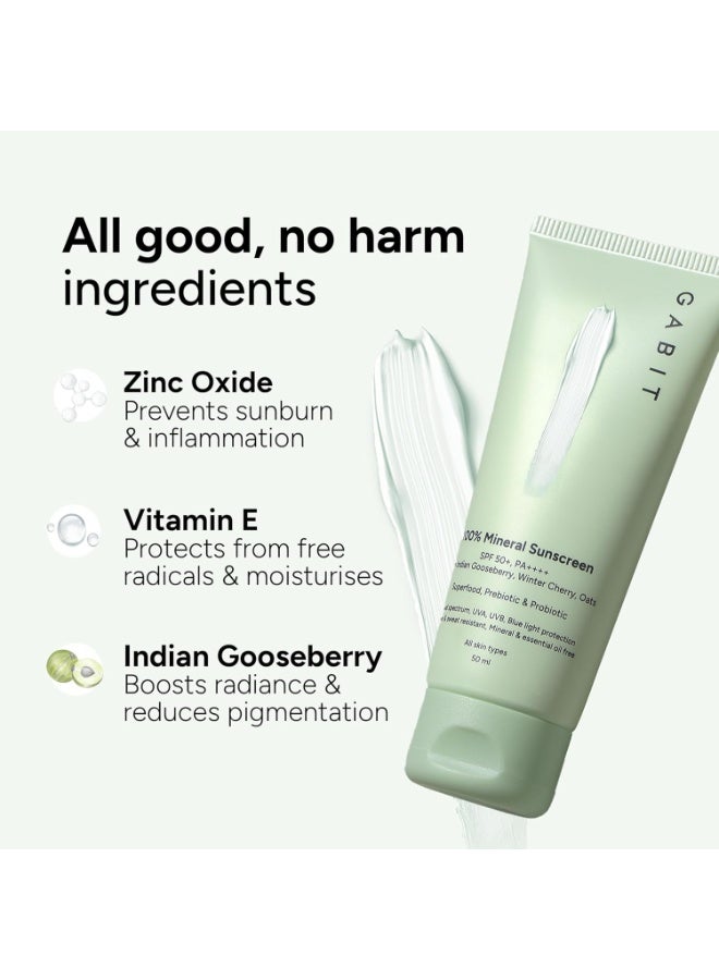 Gabit 100% Mineral Sunscreen SPF 50 PA++++ | Water & Sweat Resistant, UVA/B & Blue Light Protection | No White Cast | Vit E, Gooseberry, Winter Cherry | Normal, Oily, Dry Skin Types | Oil free |50ml - Image 3