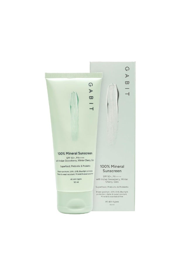 Gabit 100% Mineral Sunscreen SPF 50 PA++++ | Water & Sweat Resistant, UVA/B & Blue Light Protection | No White Cast | Vit E, Gooseberry, Winter Cherry | Normal, Oily, Dry Skin Types | Oil free |50ml - Image 1