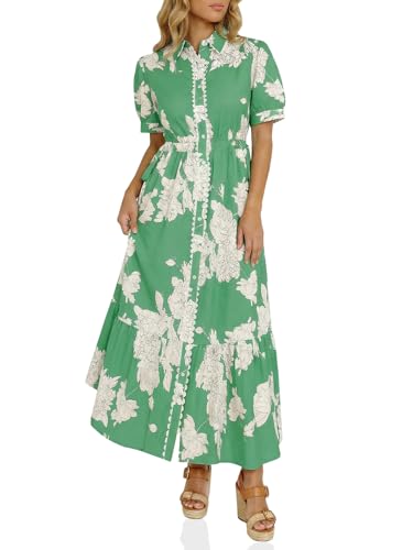 Wenrine Womens Casual Shirt Dress Floral Collared Short Sleeve Button Down Drawstring Waist Loose Summer Maxi Dresses Green - Image 1