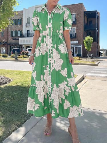 Wenrine Womens Casual Shirt Dress Floral Collared Short Sleeve Button Down Drawstring Waist Loose Summer Maxi Dresses Green - Image 3