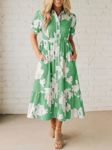 Wenrine Womens Casual Shirt Dress Floral Collared Short Sleeve Button Down Drawstring Waist Loose Summer Maxi Dresses Green - Image 2