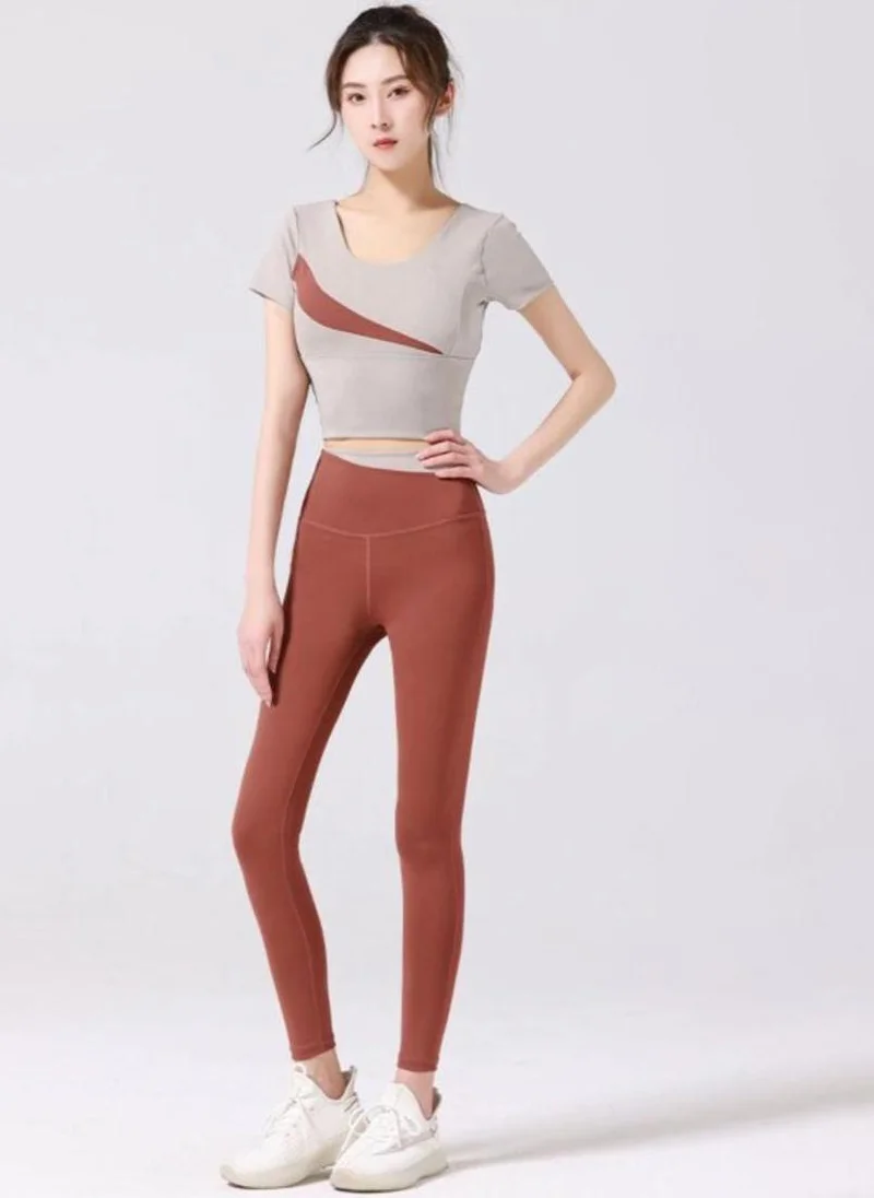 يونيكي Grey Round Neck T-Shirt With Brown Leggings Co-Ords