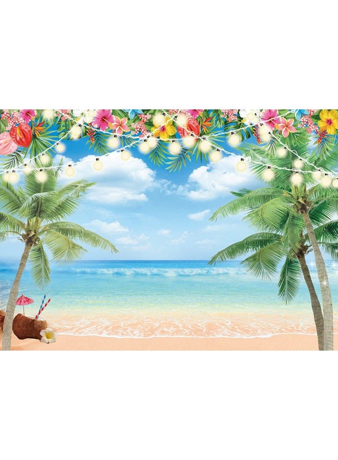 WANGRJ Hawaiian Beach Backdrop Summer Tropical Flower Palm Ocean Beach Photography Background for Hawaiian Aloha Party Luau Photoshoot Tiki Themed Decoration 8x6FT - Image 2